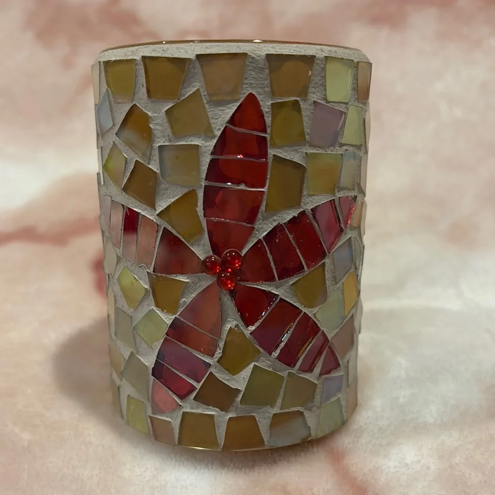 Crate & Barrel Stained Glass Pointsettia Mosaic Candle Holder w scented votifs R